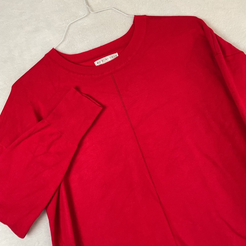 Max Studio Womens Red Crew Neck High-Low Seam Detail Sweater Size L